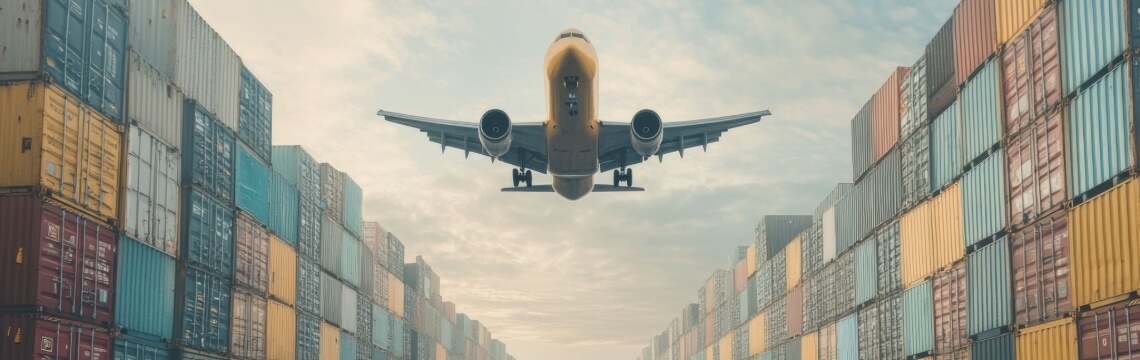 International ecommerce Cargo plane flying over shipping containers